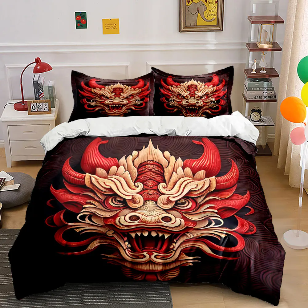 "Dragon Mask Three-Piece Decor Set" Bedding Set with 1 Duvet Cover 2 Pillowcases Single Double King Queen, Gift
