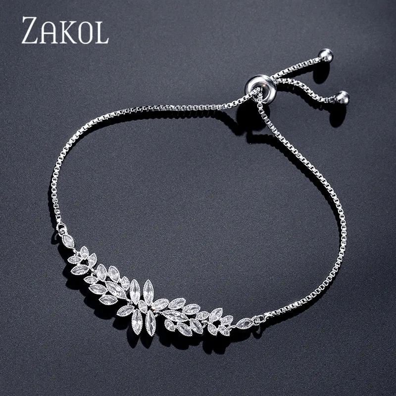 ZAKOL Fashion Zirconia Adjustable Bracelets for Women Men Exquisite Leaf Bangles Party Wedding Jewelry Gifts