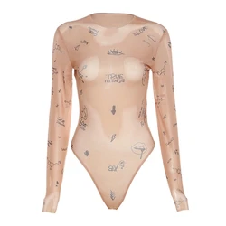 Long Sleeve Bodysuit for Women O-Neck Transparent Mesh Letters Printed Leoptard