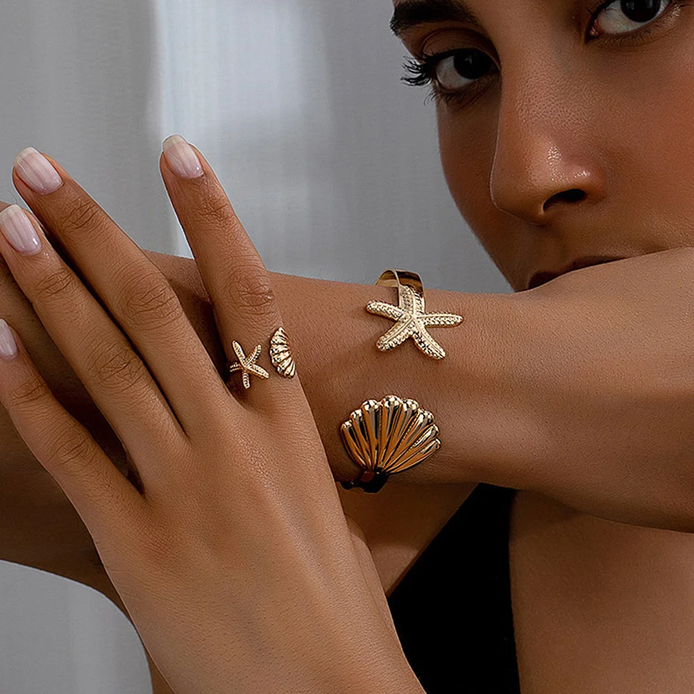 

Boho style starfish and seashell ring bracelet set, waterproof and non-fading, women's jewelry, wedding party favors