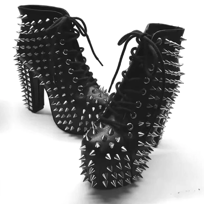 Punk Black Leather Spikes Platform Chunky Heel Ankle Boots Autumn Full Metal Rivets Studs Lace-Up Women Footwear Botine Mujer