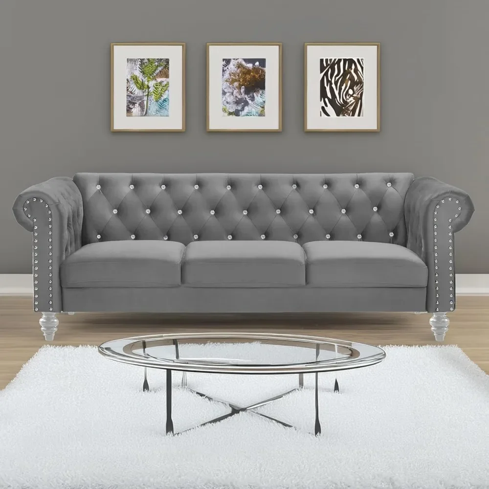 Velvet Three Seater Chesterfield Style Sofa for Small Spaces with Crystal Button Tufts, Gray