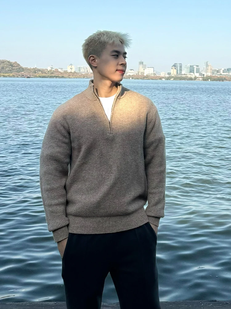 

Мужской свитер на молнии цвета хаки, осенне-зимний, вязаный, с воротником-стойкой, повседневный, модный, мягкий, теплый, утолщенный, с длинными рукавами