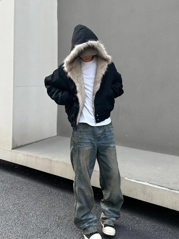 

American Retro Thiened Hooded Jaet Men's Cotton Coat with Large Fur Collar Autumn Winter Casual Warm Long Sve ort Sle