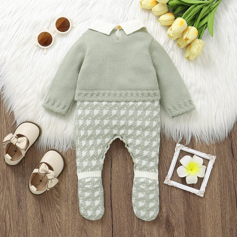 Newborn Baby Romper Knitted Infant Boy Girl Jumpsuit Long Sleeve Autumn Toddler Children Clothes 0-18M Fashion Tie Warm Overalls