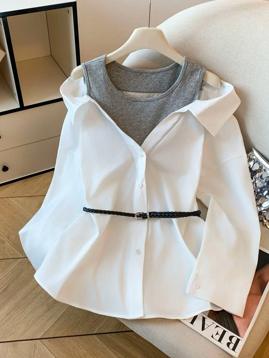 

Elegant Loose Women's Shirt Fake Two-Piece Spring Fashion Waist-Cinching Beautiful Top Trendy Cotton Long Sleeve One-Piece