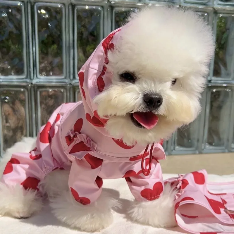 Ins Love Puppy Kleding All-In-One Waterdichte Heart Cloud Print Regenjas Hond Model Schattige Capuchon Hondenkleding Mascota \'S Hondenkostuum