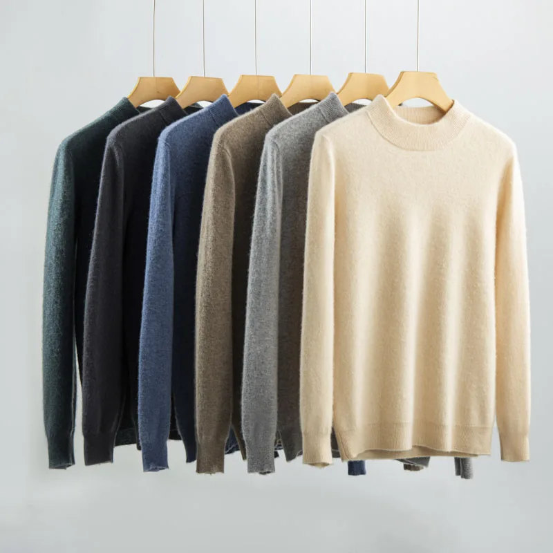 Autumn 100% Pure Cashmere Sweater Men's Mock Neck Loose Knit Pullover Casual Ingot Needle Long Sleeve  High-End Thick Shirts