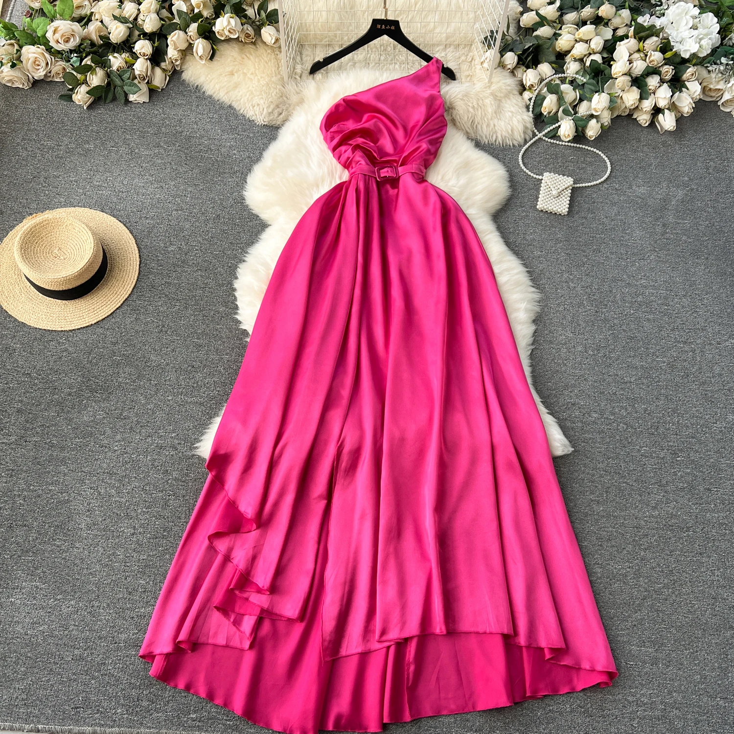 Chic Elegant One Shoulder Asymmetric Dress Beach Vacation Party Diagonal Collar Dress Women Summer A-line Vestidos