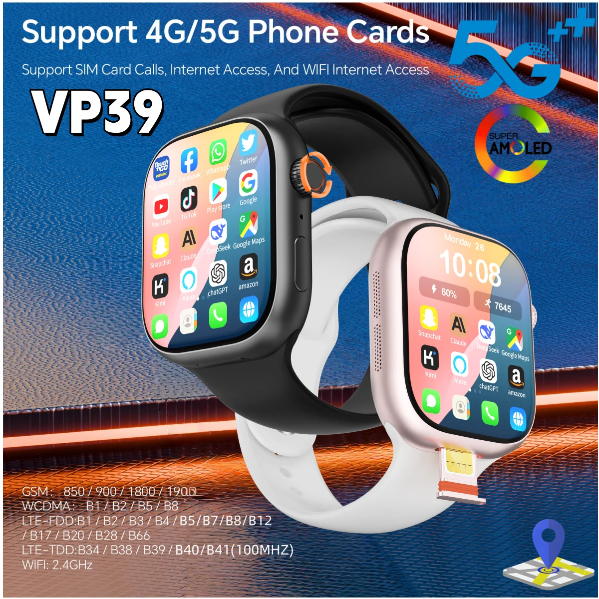 

Умные часы VP39 с 2,29-дюймовым AMOLED-экраном, Android 12.0, 5G LTE, с 190 функциями ° Ротационная камера с NFC, аккумулятором 1800 мАч, GPS, Wi-Fi и магазином приложений
