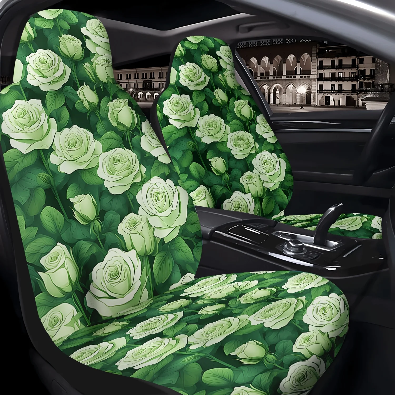 2pcs Car Front Seat Covers With Fresh Green Rose Print, Durable Front Seat Protectors For Sedan, SUV, And Truck, Unisex, Vehicle