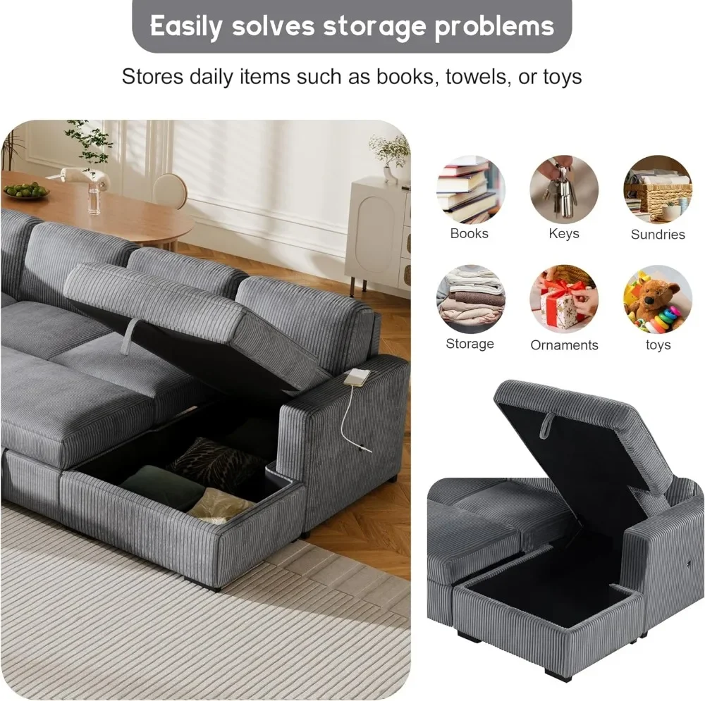 116.5 "U-Shaped Corduroy Modular Sectional Storage Chaise และดึงเตียง, โซฟาเข้ามุมขนาดใหญ่ 6 ที่นั่งพร้อมอินเทอร์เฟซ USB