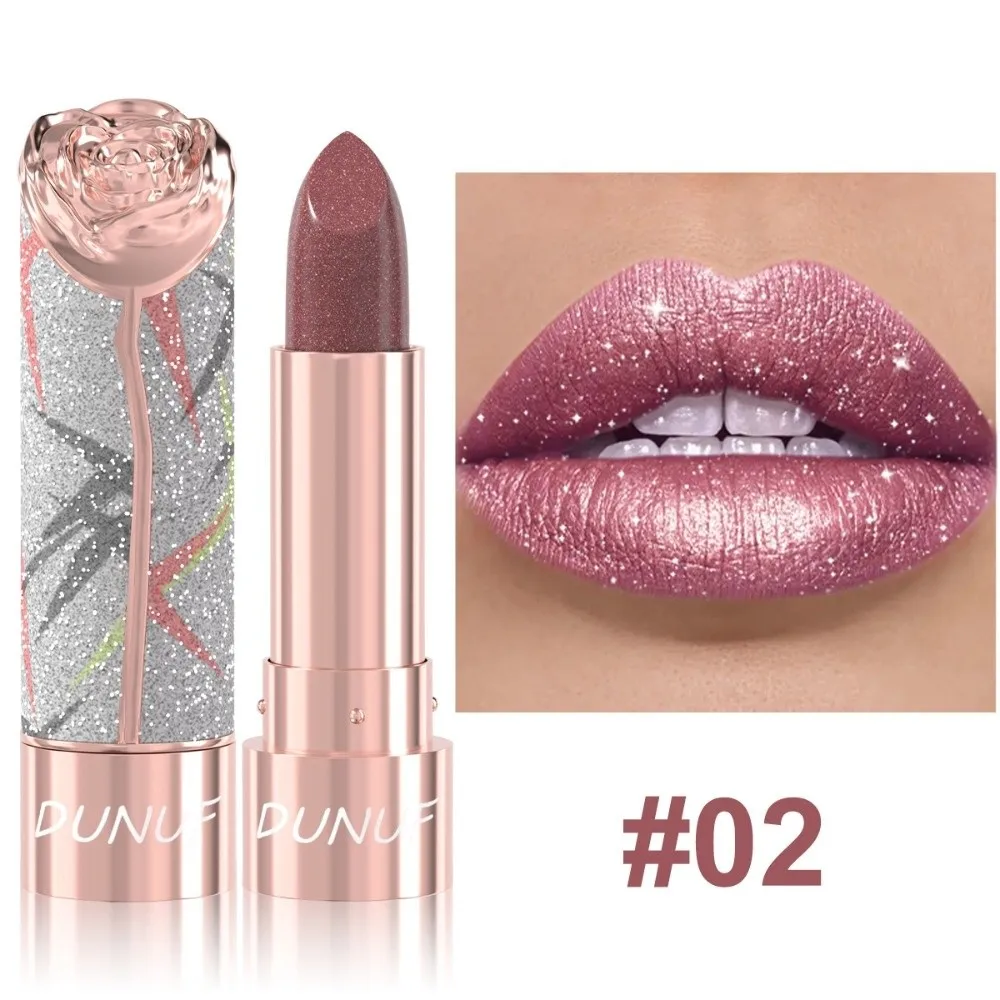 New 7 Colors Metallic Lipstick Pearl Pink Waterproof Glitter Lip Tint Floral Embossed Pearlescent Lip Mud Lip Makeup