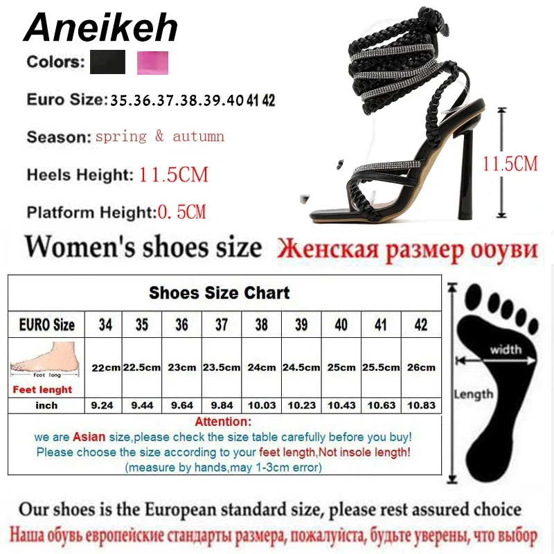 Aneikeh 2025 Summer Pinch toe woven fabric PU Women Sandals Thin High Heels Fashion Cross-Tied Square Head Party wedding Shoes