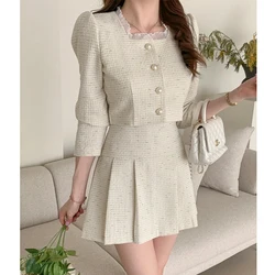 Fashion Korea Elegant Tweed Small Fragrance Short Jacket Cropped Coats+ High WaistMini Skirts Suits Slim Womens Two Piece Sets