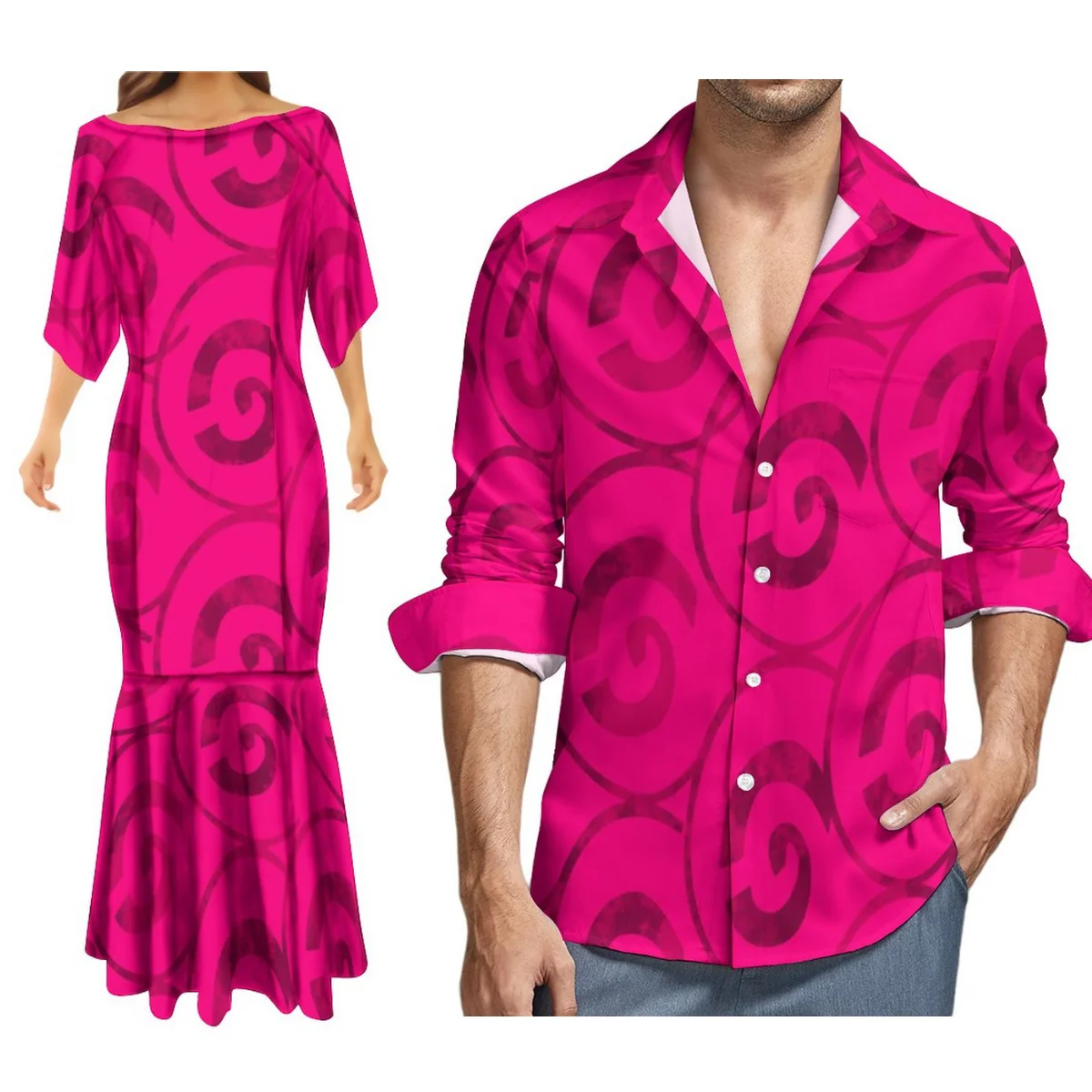 2023 Women'S Half Sleeve Dress Evening Fishtail Dress With Men'S Long Sleeve Shirt Polynesian Design Free Shipping