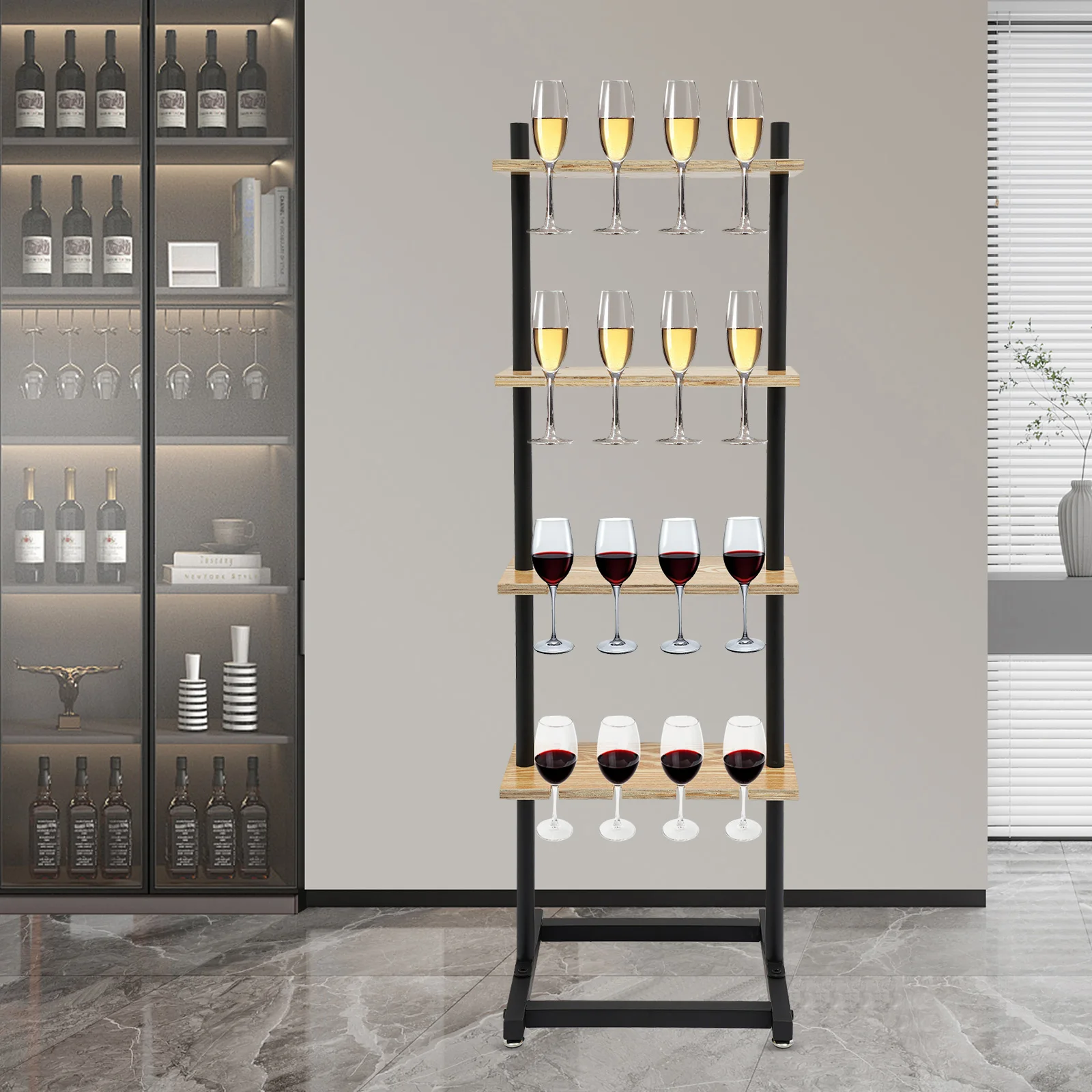 

4 Tiers Wood Board Champagne Glasses Rack,Black 155cm Champagne Glass Holder Floor Mounted for Party,Weddings