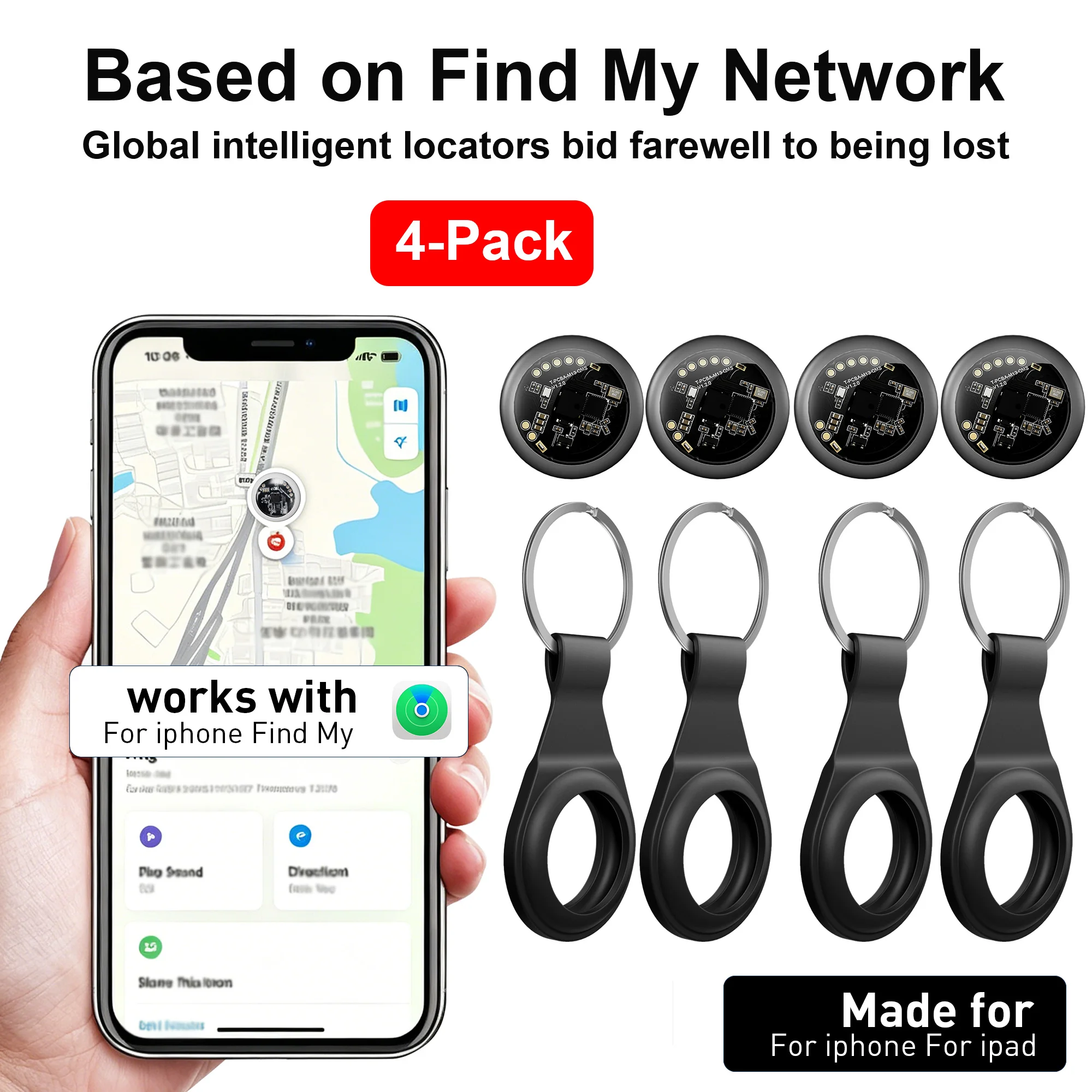 4PCS Smart Tag Anti-Lost Keychain Locator Real-Time Global Positioning Tracker for Car Vehicle Luggage Bags Works with IOS