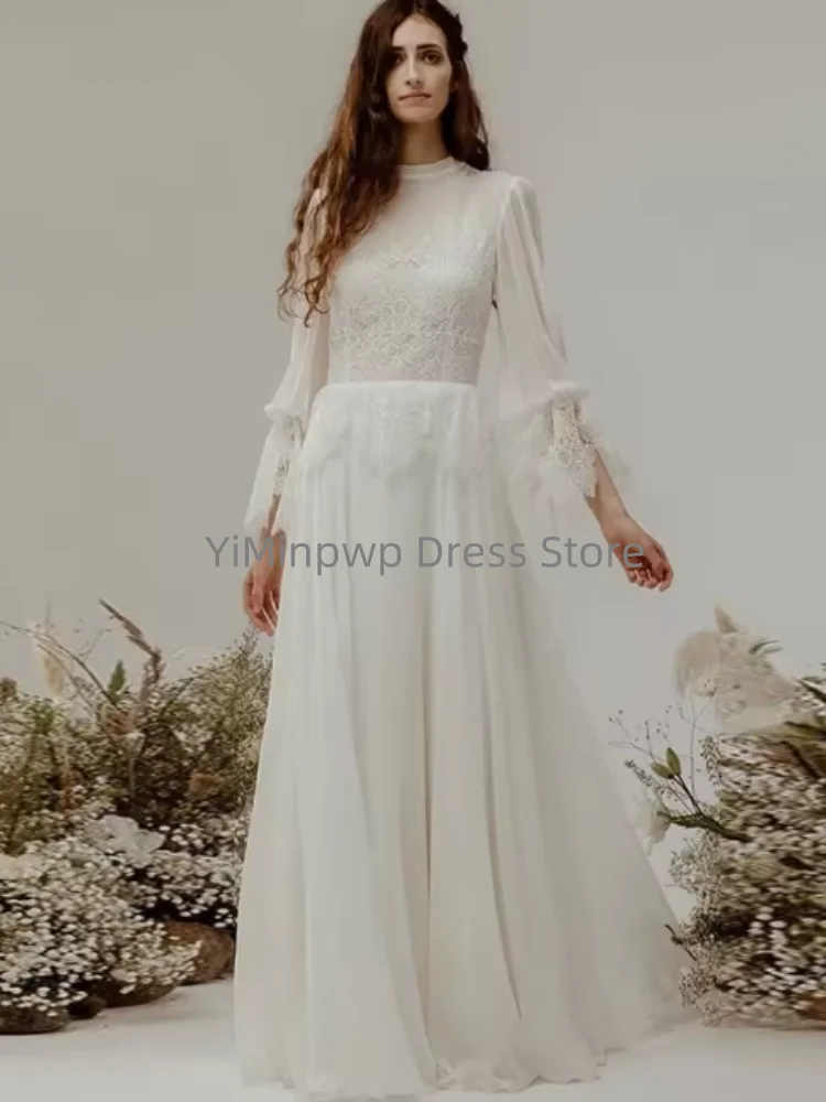 Vestidos de boda fluidos, cuello alto, manga abombada, corte en A, vestido de novia de gasa con botones de encaje, vestido de novia personalizado