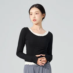 Women Dance Tops Color Splice Knitted Top Fake Two-pieces Knitwear Classical Long Sleeves Dance Costumes
