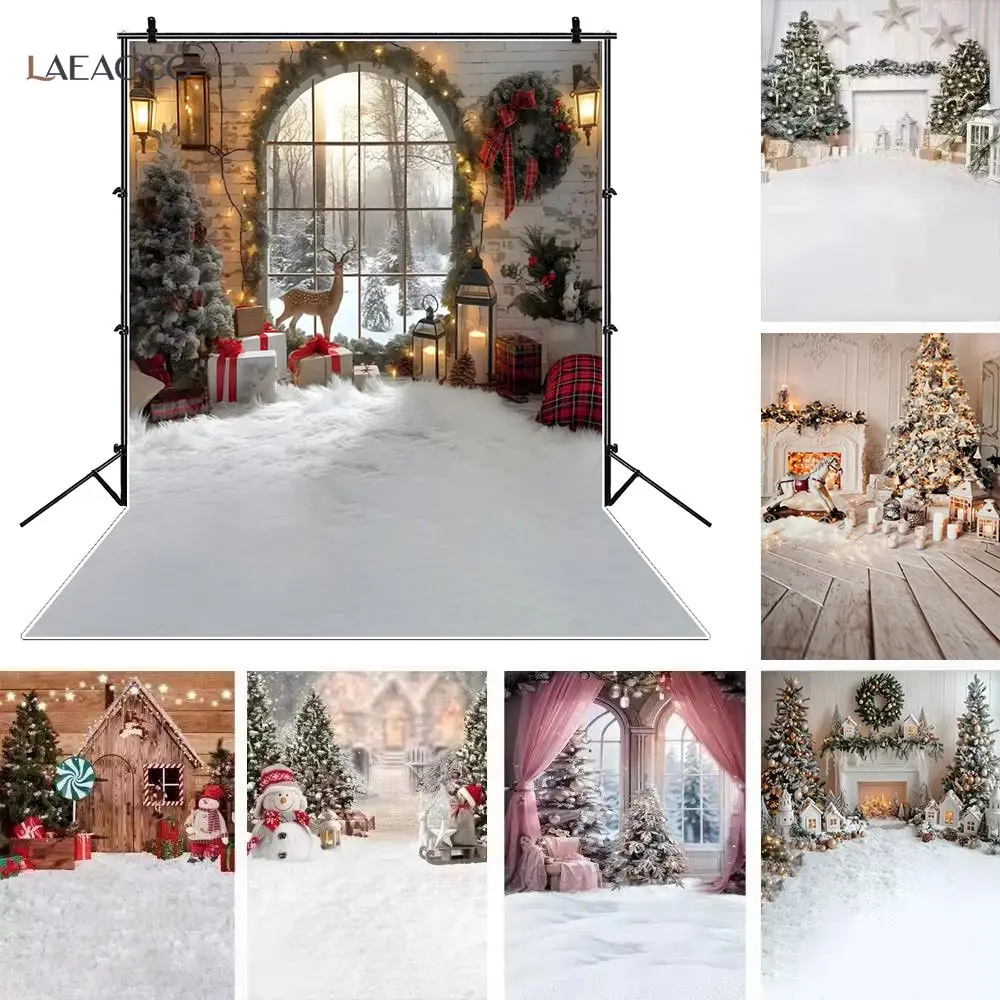 Winter Christmas Tree Gray Background Candle Festival Fireplace Wood Floor Xmas Family Shoot Kid Photo Backdrop for Photography