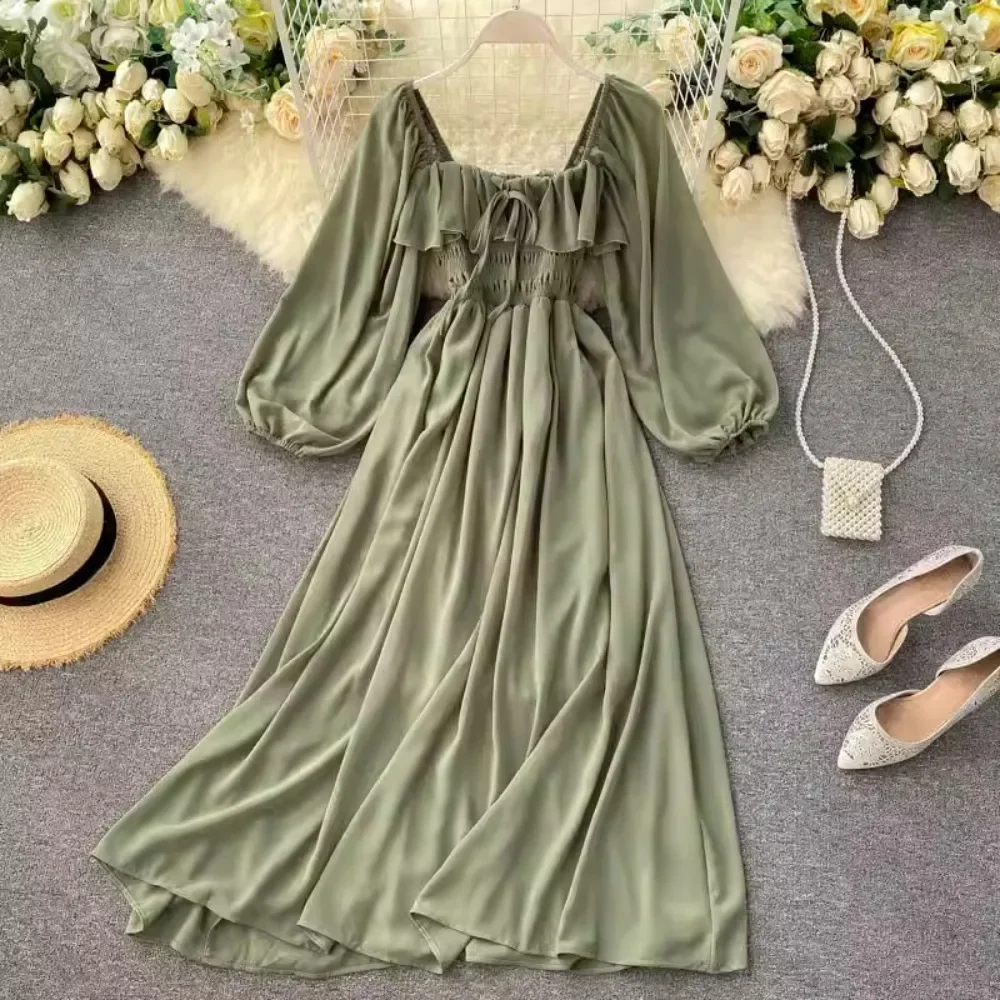 TWOTWINSTYLE New Solid Elegant Dress For Women Square Collar Long Sleeve High Waist Temperament Dress Female Fashion KDR521975