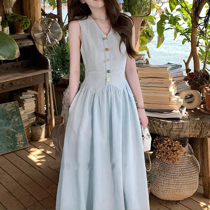 

Women Solid Dresses A Line Sleeveless Dress Ankle Lenth V Neck Waist Cinch Slim Fit Office Lady Casual Elegant 2026 Summer