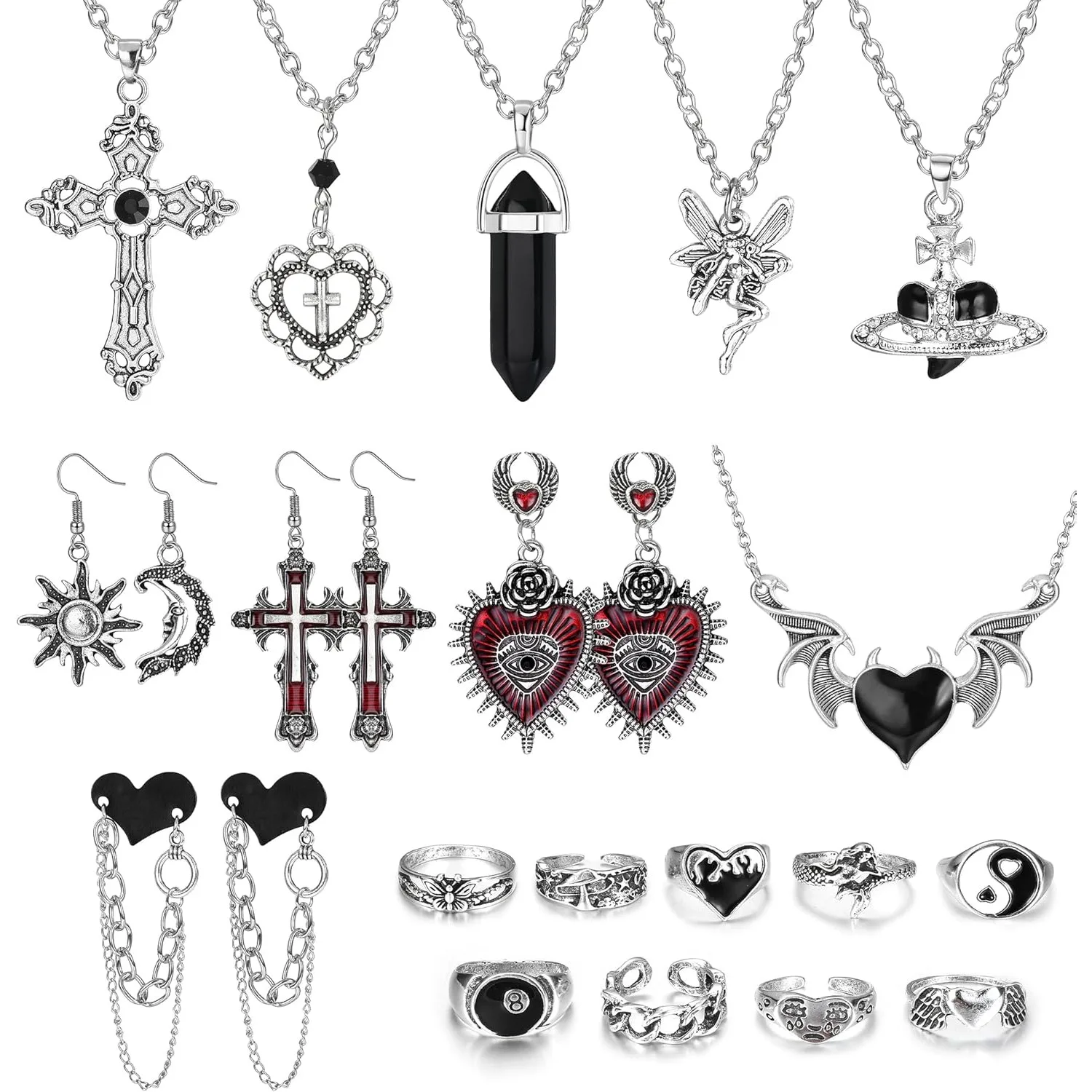 FASACCO Gothic Jewellery Set For Women Men Necklace Dangle Heart Earrings Vintage Ring Y2k Stackable Jewellery for Halloween