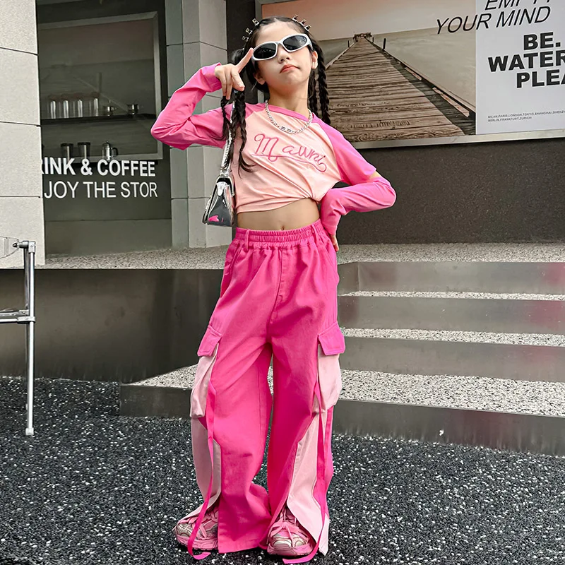 Hip Hop Girls Crop Top Pink Cargo Pants Child T shirt Tops Joggers Streetwear Clothes Sets Kids Sweet Street Dance Jazz Costume