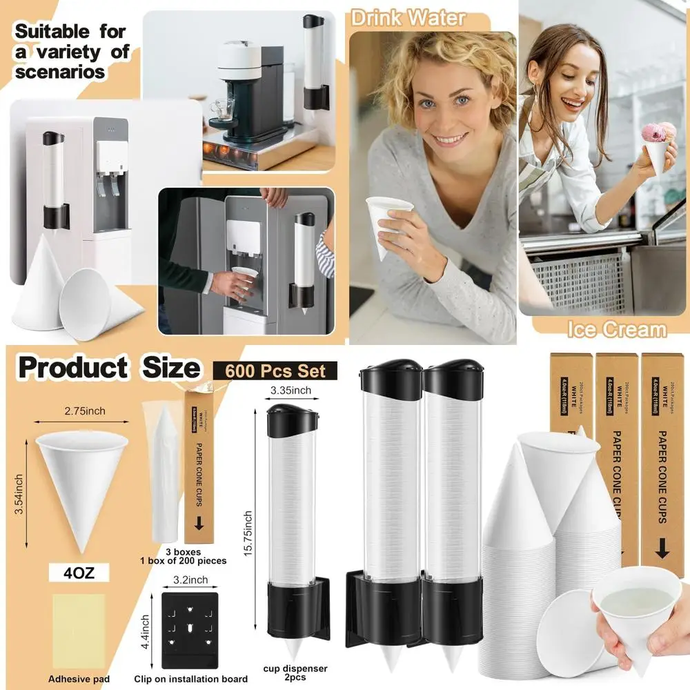 

Thickened 4 oz Paper Cone Cups Set of 600 with Wall-Mount Dispenser for Restaurants, Home, and Office Use
