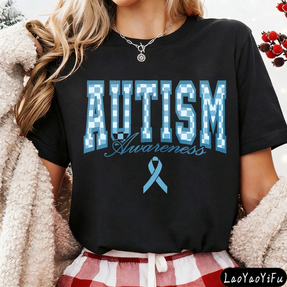 Autism Awareness Ribbon Women T-Shirt Cotton Short Sleeve Casual Fashion Tops Summer Tops Blue Ribbon Print TShirt Women Clothes