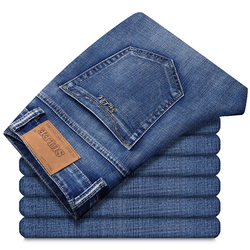 SULEE Jeans dritti da uomo ricamati Business Fashion Pantaloni in denim casual elastici Pantaloni in denim quotidiani a vita media di alta qualità da uomo