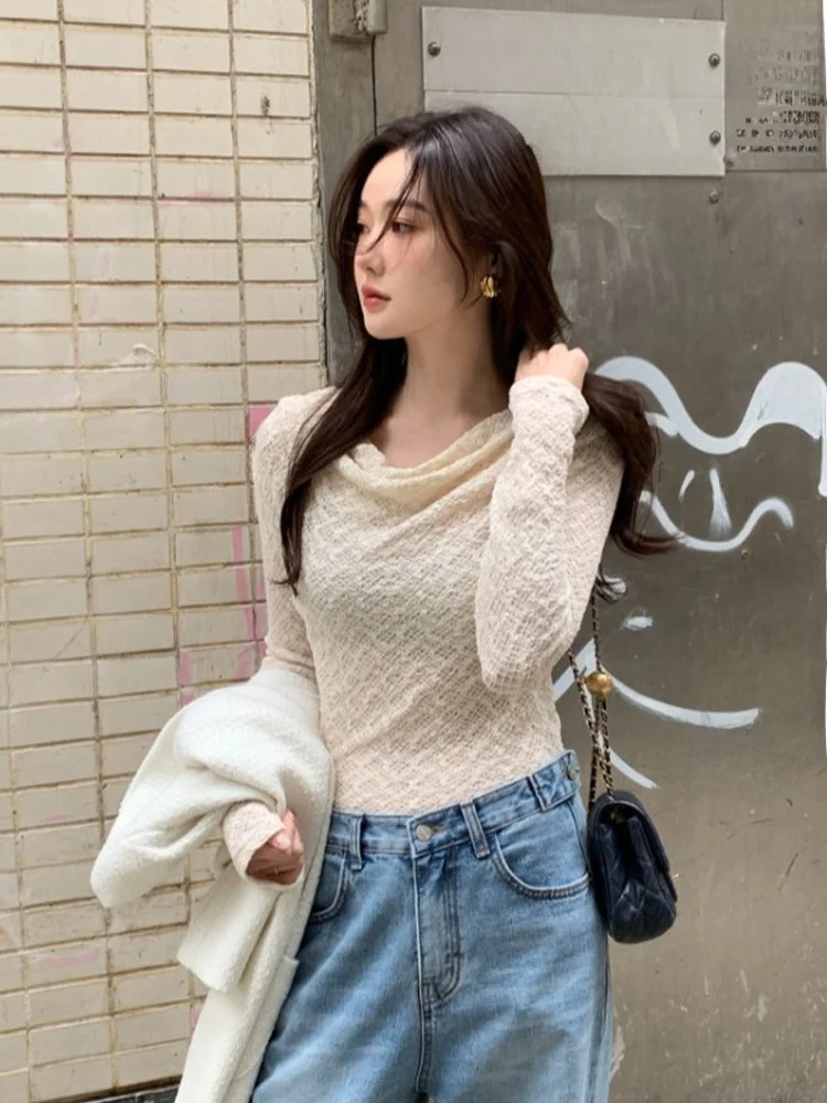 

Sweet Lace Long Sve Base irt Women's Early Spring Slimming Subtle Sle Korean Version Casual Sweet Top