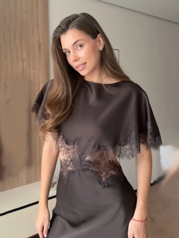 Sukienka damska HH 2026, modna, z krótkim rękawem, asymetrycznym krojem, koronkowymi zdobieniami, elegancka, uniwersalna, z okrągłym dekoltem.