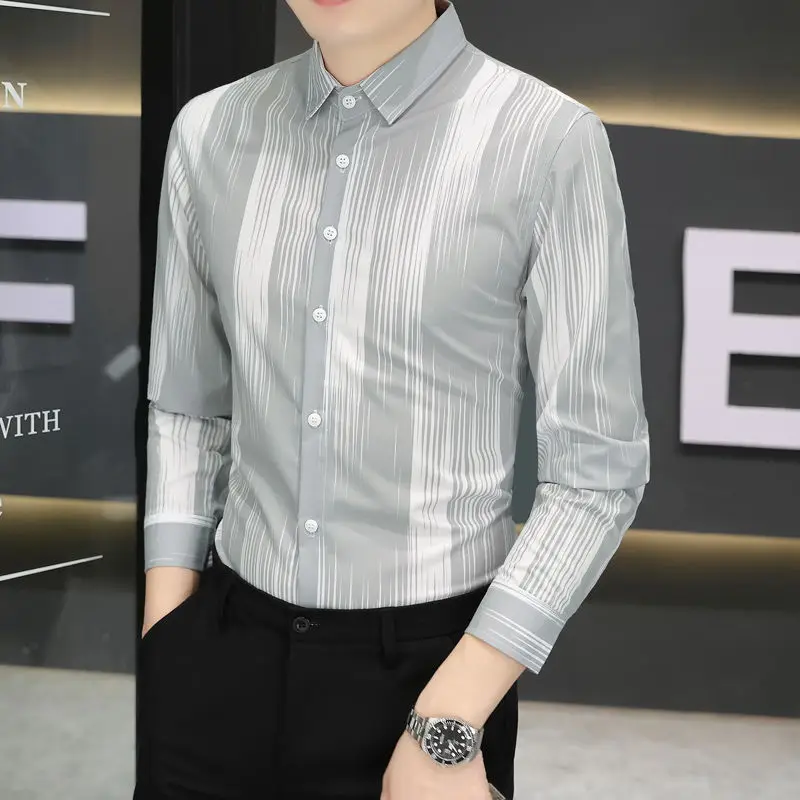 

Korean Clothing Smart Casual Men Slim Striped Shirts Spring Autumn Streetwear Male Long Sleeve Business Smooth Tops JJ215