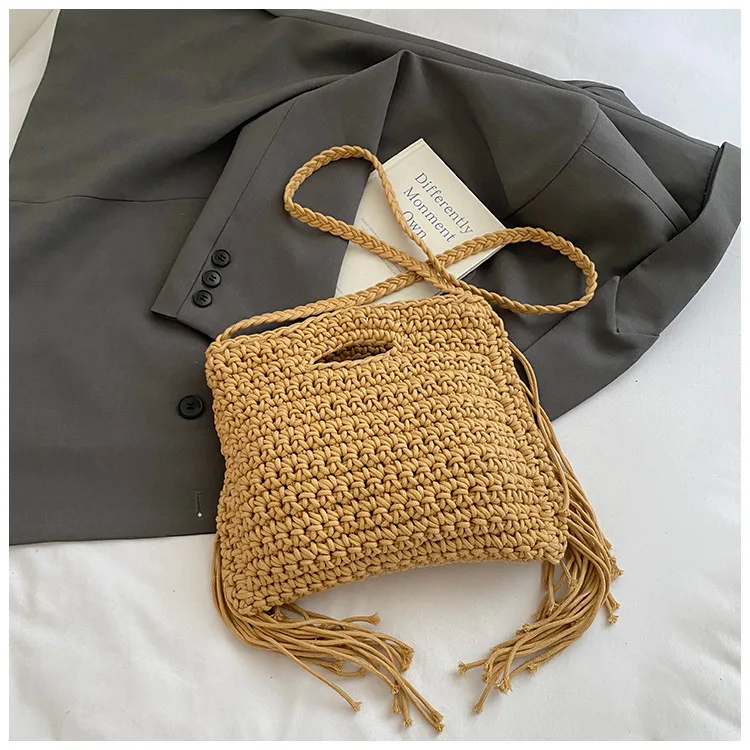 2025 Summer New Hand-weave Handbags For Women Fashion Beige Khaki Yellow Tassell Tote Shoulder Bags Crossbody Ladies Beach Bag