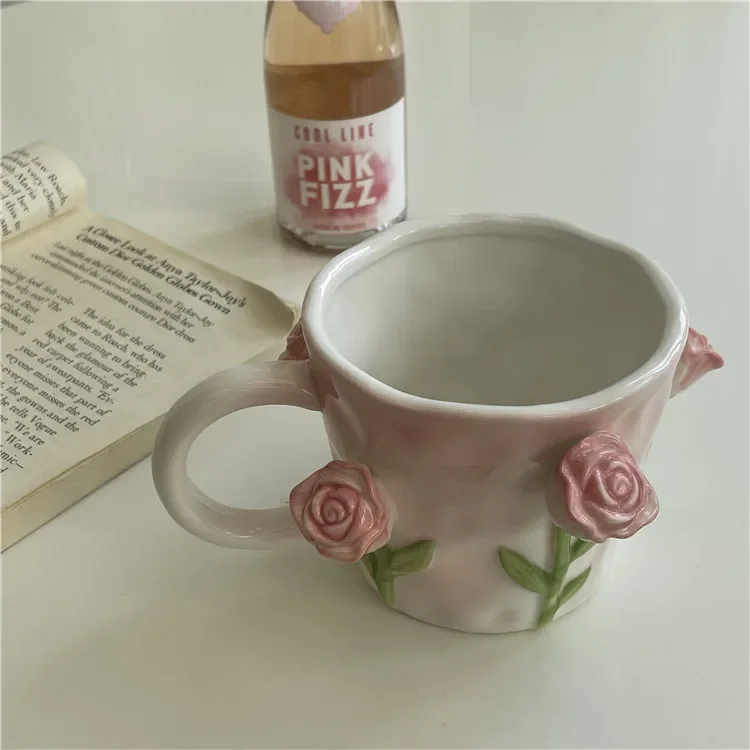 Ins Wind Girl Heart Hand-painted Three-dimensional Tulip Rose Ceramic Cup High-end Sense Mug Coffee Cup Girlfriends Gift