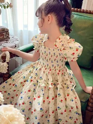 Girl Floral Short Sleeved Dress Summer New Children's Clothing  Square Neckline Pastoral Style Party Princess Dress Kids Dress