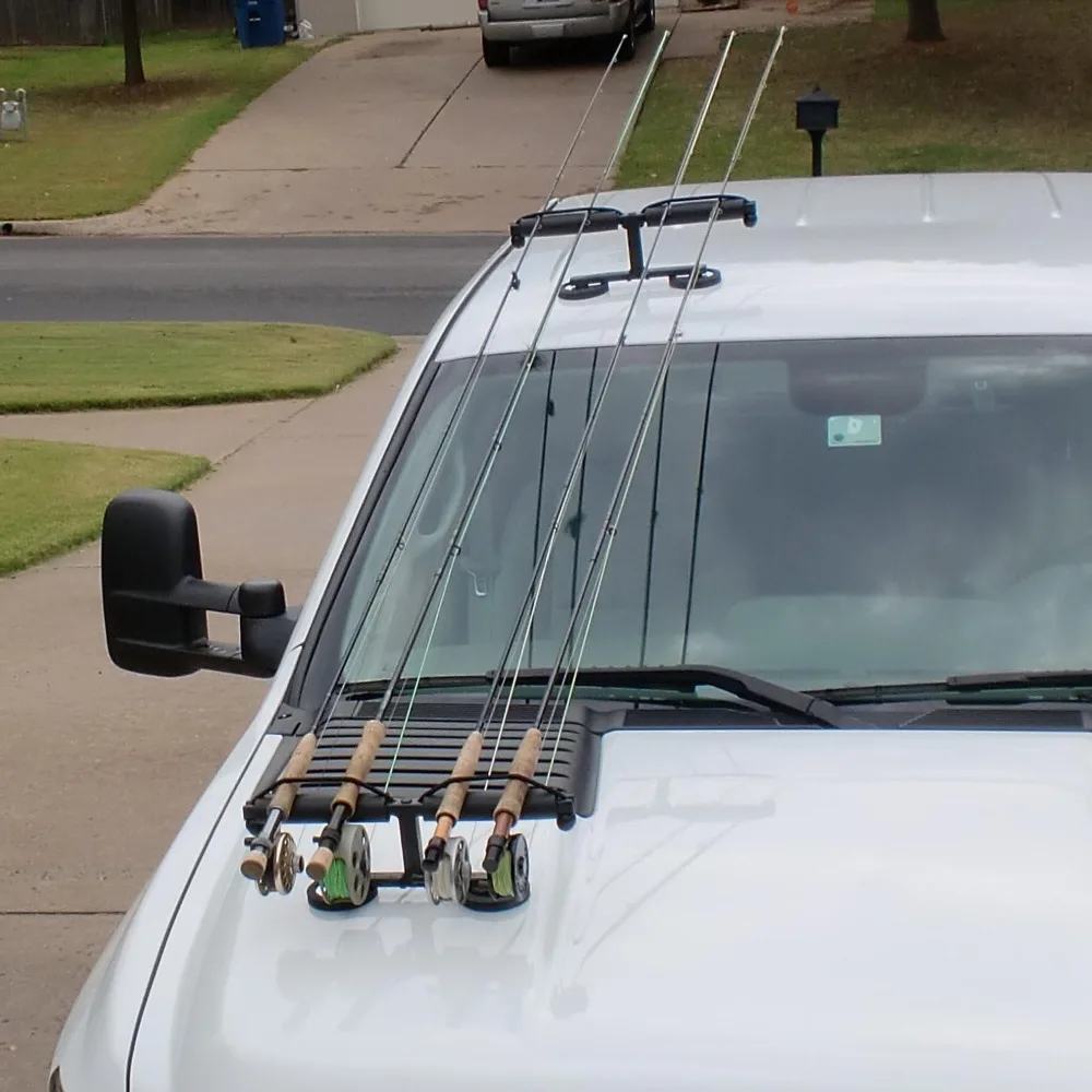 Fishing Rod Racks for Vehicle (Truck or SUV) with Ferrous Metal Hood and Roof (black)