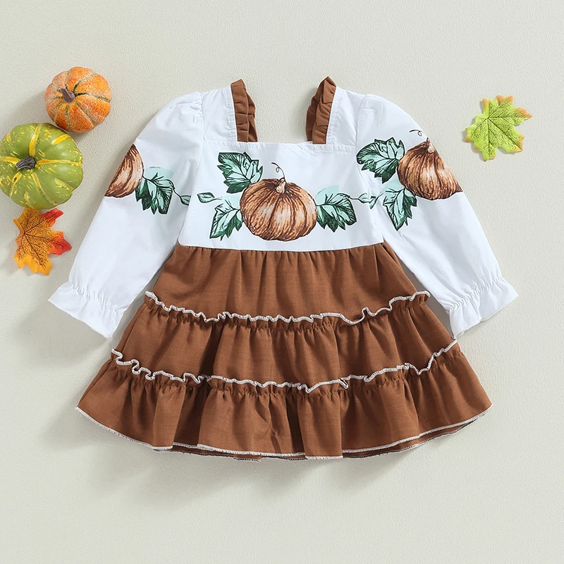 

Toddler Girls Autumn Dress with Ruffle Trim and Pumpkin Print Long Sleeve Square Neck Dress for Halloween and Thanksgiving