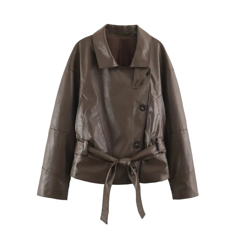 Women's Leather Jakcet with Belt New 2026 High-Collar Long Sleeve Pocket Women's Winter Jackets Chic Female Outerwear Tops