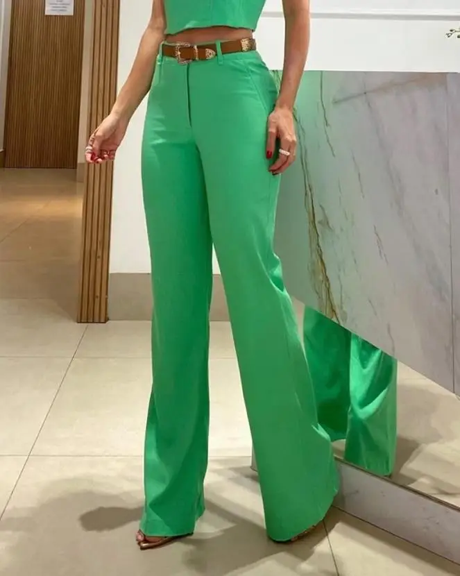 Two Piece Sets Women Outifits 2023 Summer Fashion Plain Square Neck Sleeveless Crop Top & Casual High Waist Daily Long Pants Set