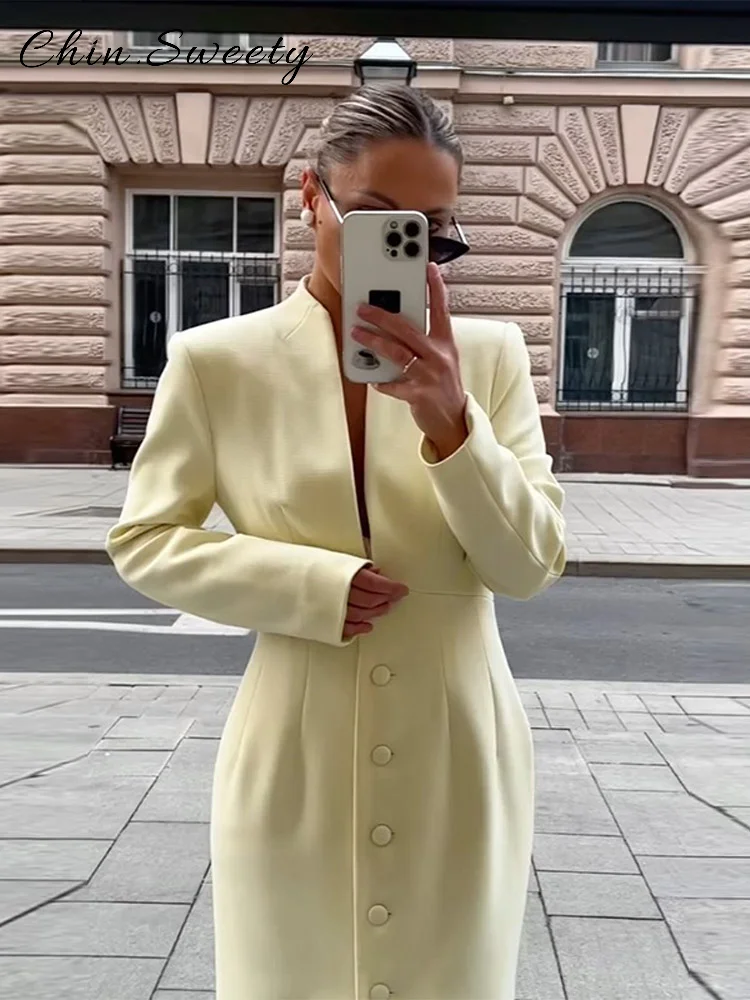 أنيقة واحدة الصدر فستان طويل المرأة الأصفر الوقوف طوق كم كامل الجبهة سبليت فساتين ضئيلة 2025 الخريف سيدة تخفيف الجلباب