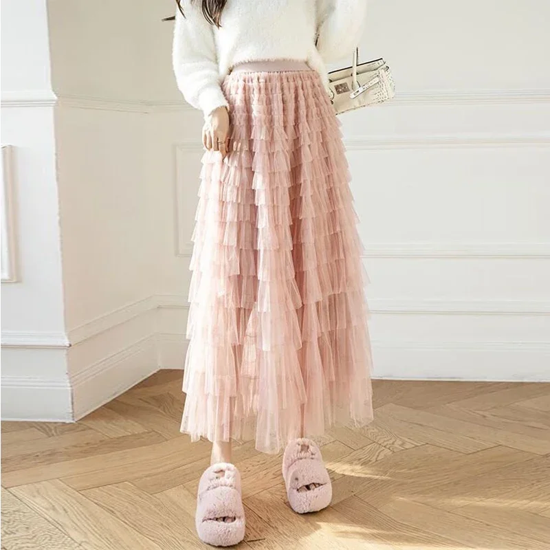 

Tutu Cake Skirts Women Elegant Cascading Ruffles A Line Long Skirts Female Casual Elastic Waist Party Lace Skirt Faldas P291