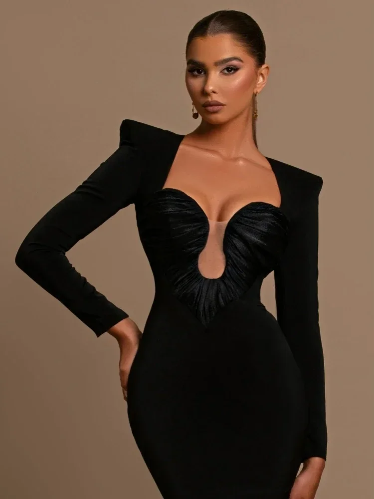 Seksowna głęboki dekolt patchworkowy projekt fałd długa sukienka kobiety akwamaryn czarny z długim rękawem Hollow Out obcisłe sukienki wieczorowe sukienki na przyjęcie