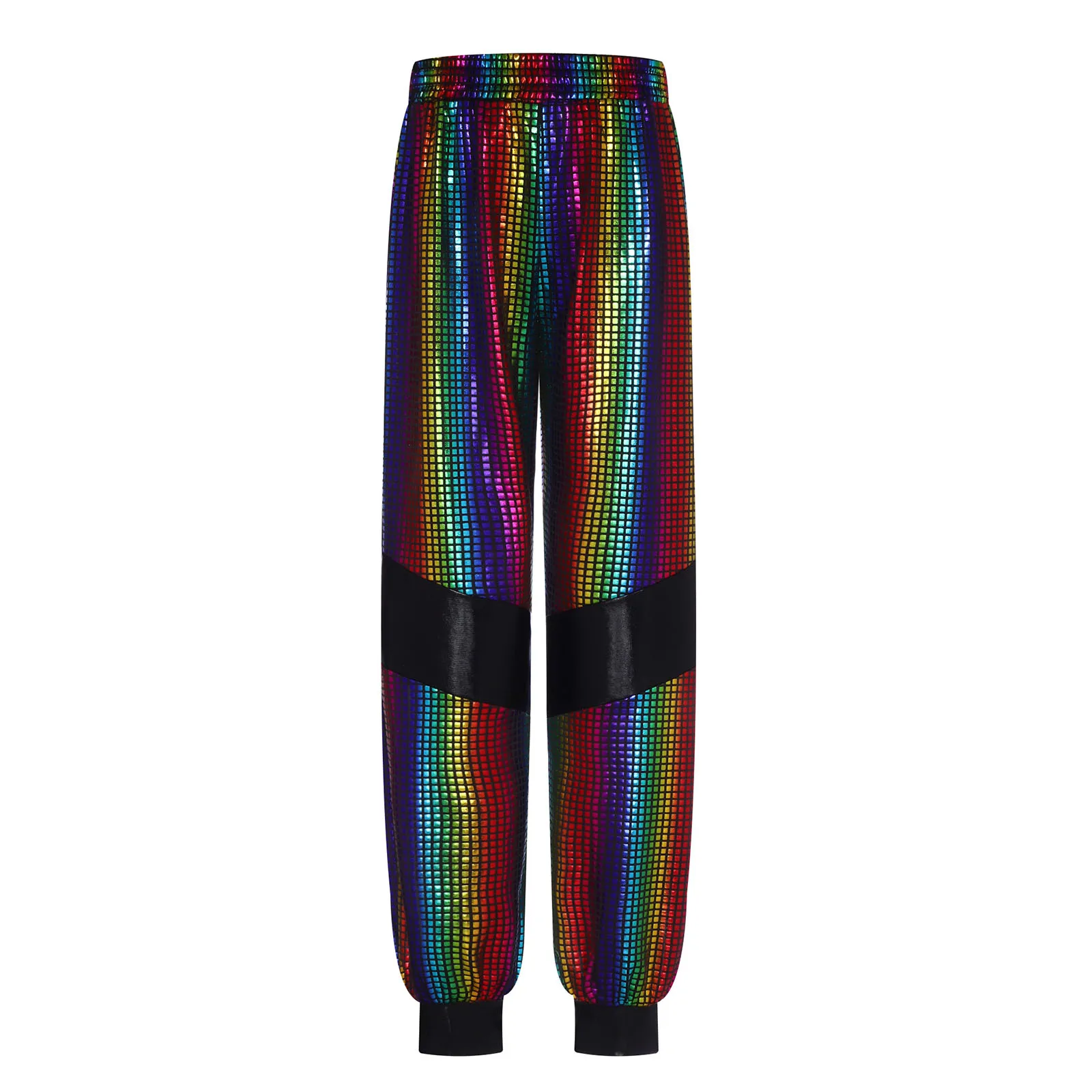 子供メタリックヒップホップジャズダンスパンツ弾性ウエストバンド光沢のあるチェック柄ジョガーパンツスクールショーステージダンスウェアストリートウェア