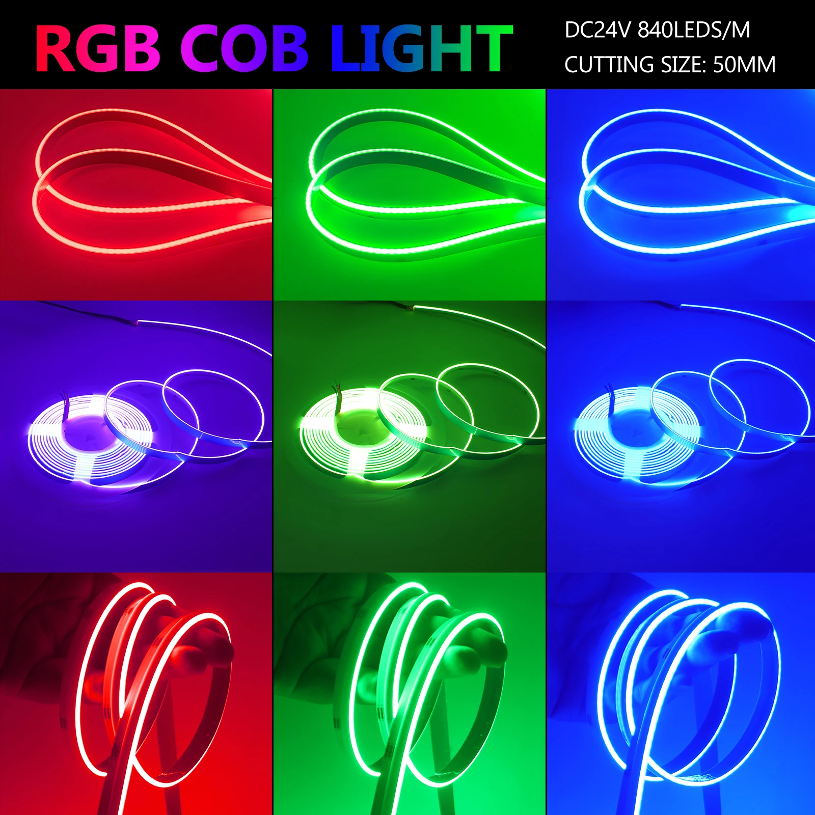 24V RGB COB LED 스트립 측면 발광 840LEDs/m 고밀도 RGB COB 테이프 실내 장식 조명용 다채로운 유연한 리본