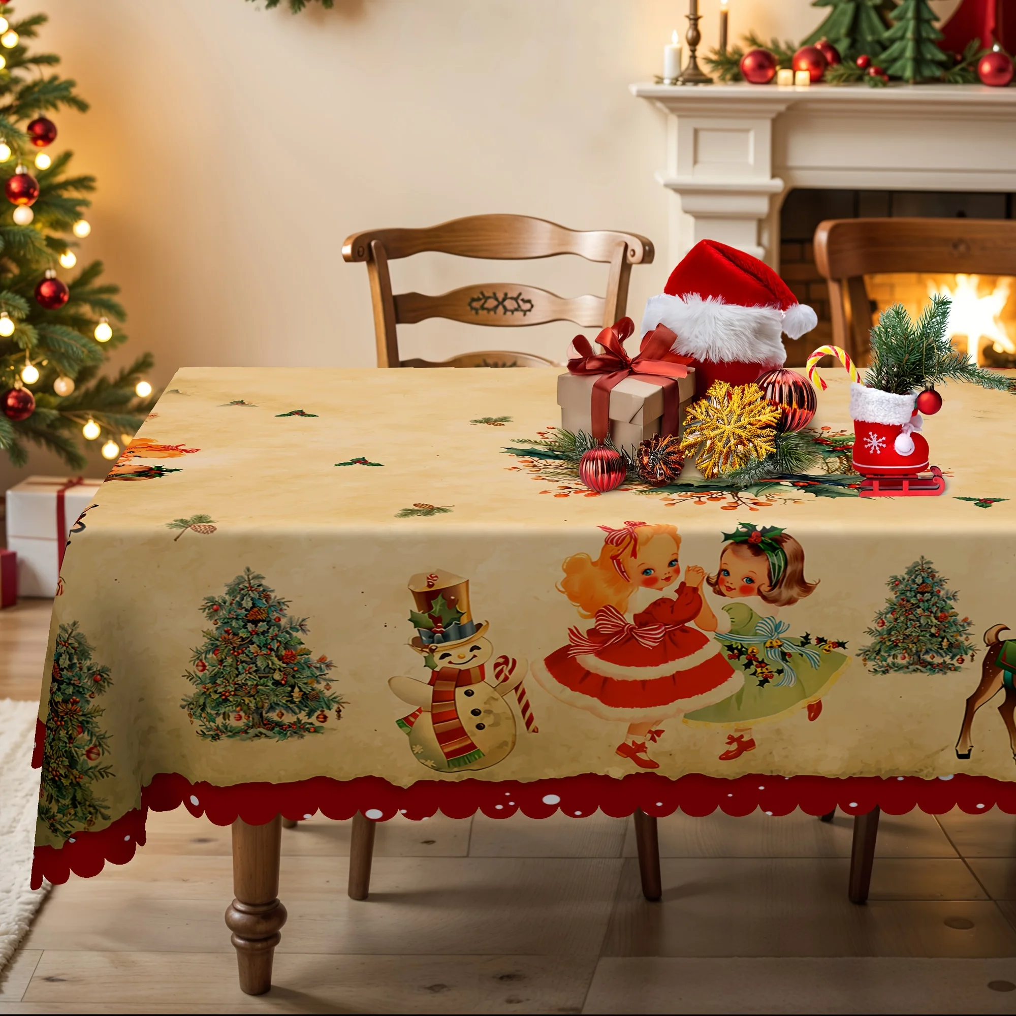 Christmas Dancing Girl Snowman Reindeer Waterproof Tablecloth Table Decor Winter Kitchen Dining Tablecloth Christmas Decoraitons