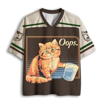 Vintage Oops Orange Cat Spill Water Print Men V Neck Mesh Jersey Retro Cartoon Short Sleeve Tee