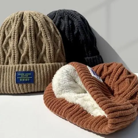 Knit Beanie Men Fleece Lined Thick Warm Winter Windproof Outdoor Cable Knit Hat Cozy Thermal Chunky Yarn Adult Ski Pullover Cap